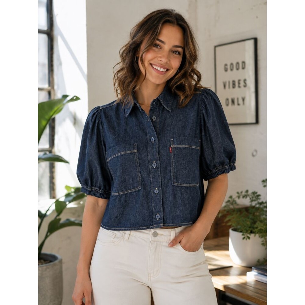 Levis Alice Denim Top Women XL Blue Puff Sleeve Cropped Button Up Pocket Dark